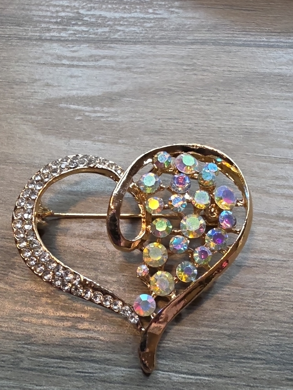 Gold Heart Brooch with Iridescent Crystals - Women Jewelry